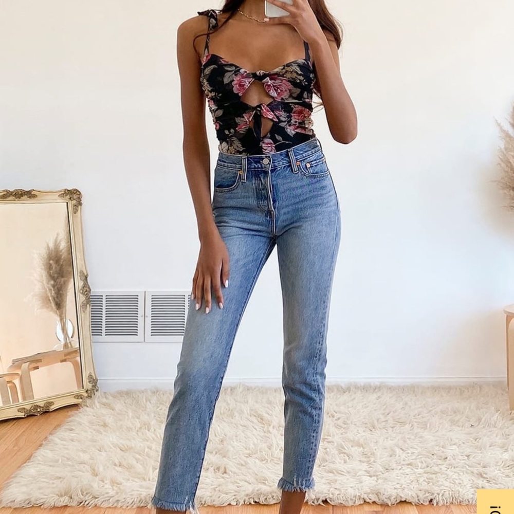 Keep Blooming Floral Print Mesh Knotted Bodysuit